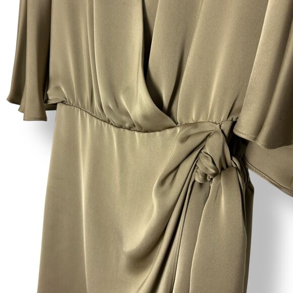 Ramy Brook Olive Satin Faux Wrap Short Dress Flutter Sleeves Tie V-Neck Sz 0 - Picture 4 of 6